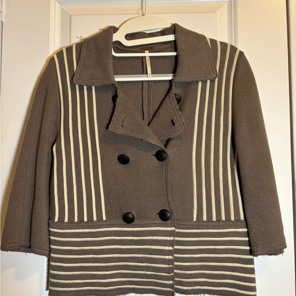 Free People Tan-ish/Gray and White Striped Fabric Double Breasted Sweater S XS